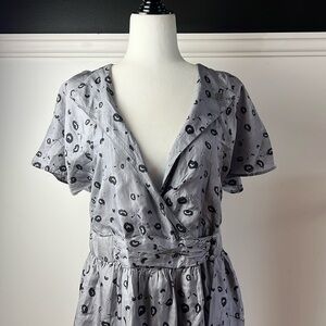 OBEY 100% Silk Wrap Gray and Black Leopard Print Plunge Neck Midi Sundress